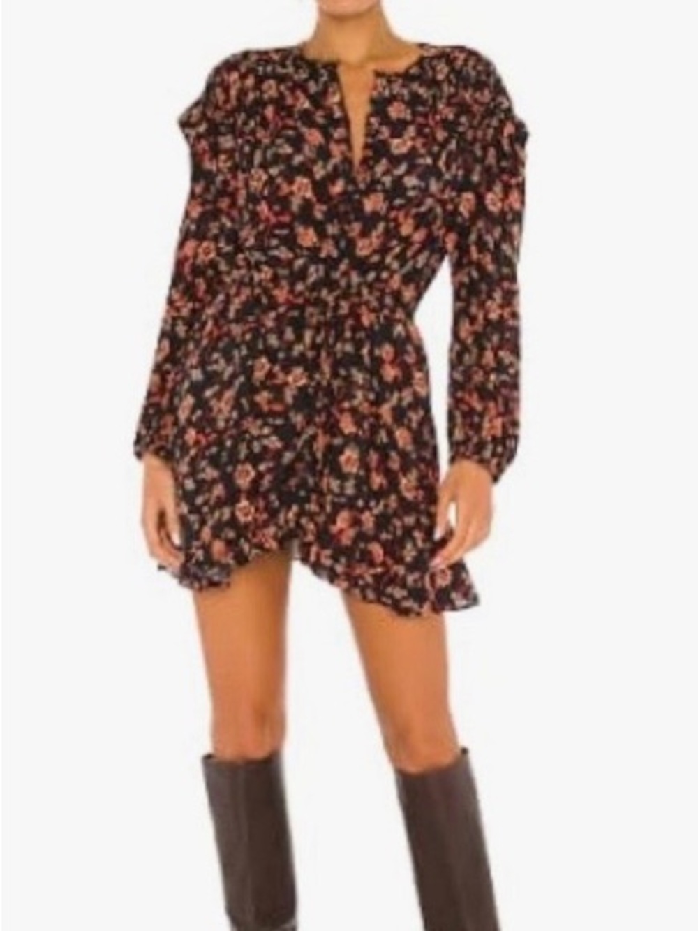 FREE PEOPLE l/s dark combo flower fields Ruffle Mini Dress. Sz XS. NWT